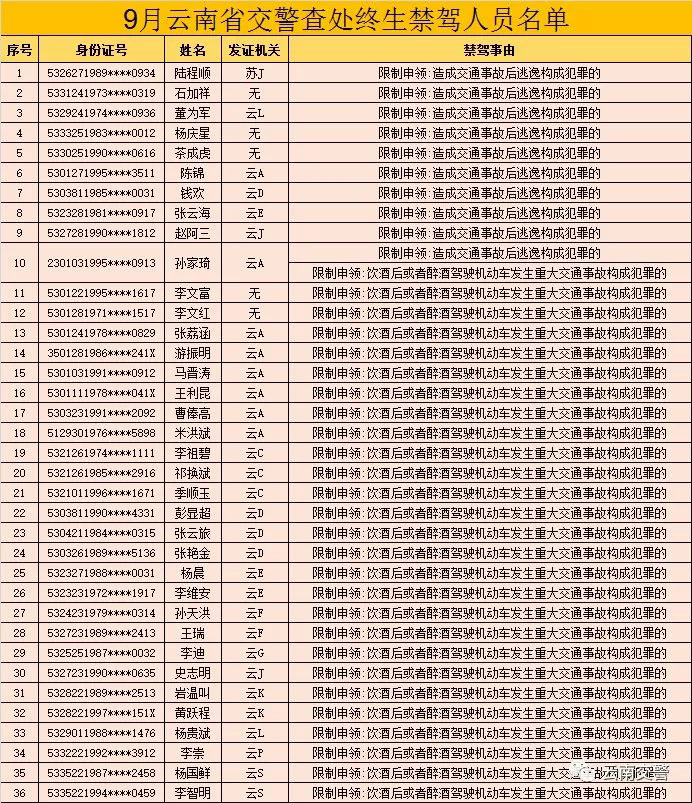 云南省38人终生禁驾名单,大多数是交通事故后逃逸!
