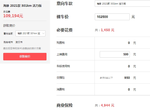 比亚迪海豚纯电动2021款落地价 全款落地最低10.9万(贷款三年首付3.7万)